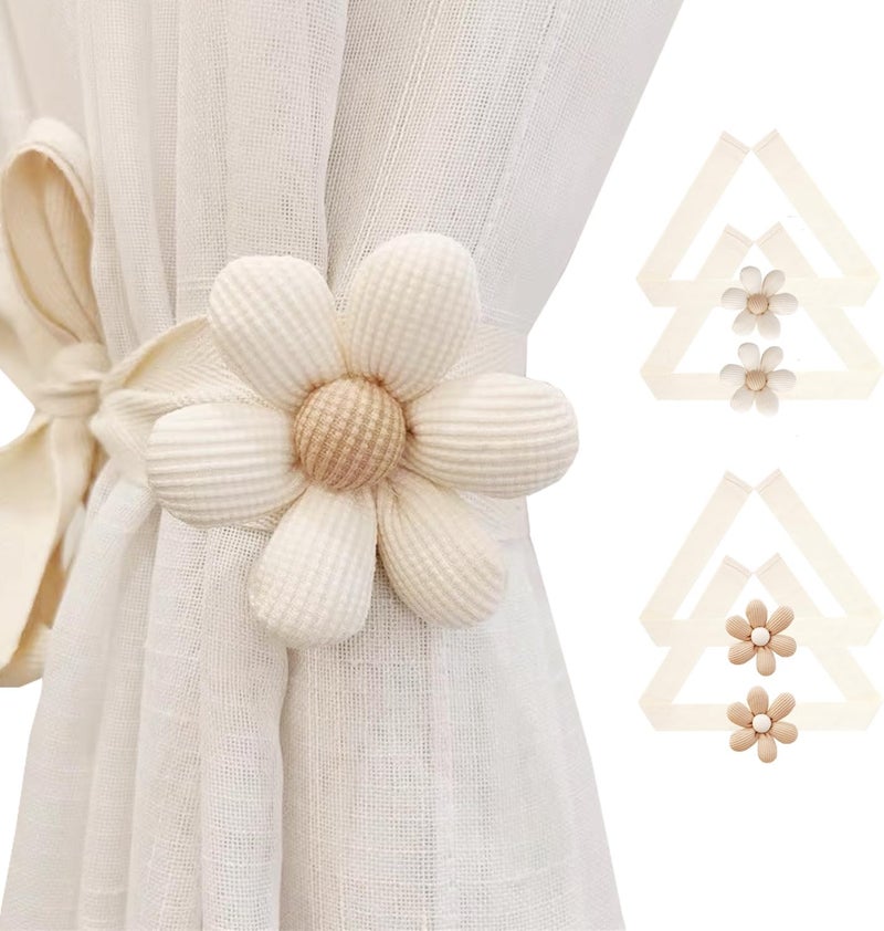SRG 4PCS Curtain Tiebacks | Boho Flower Curtain Holdbacks | Simple Elegant Sunflower Curtain Holders | Boho Bedroom Decor（2Pcs Cream&2Pcs Khaki） - Image 1